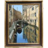 Lucio Passon, Italian 20th/21st century, 'Venezia', canal scene with gondolas, signed, oil on board,