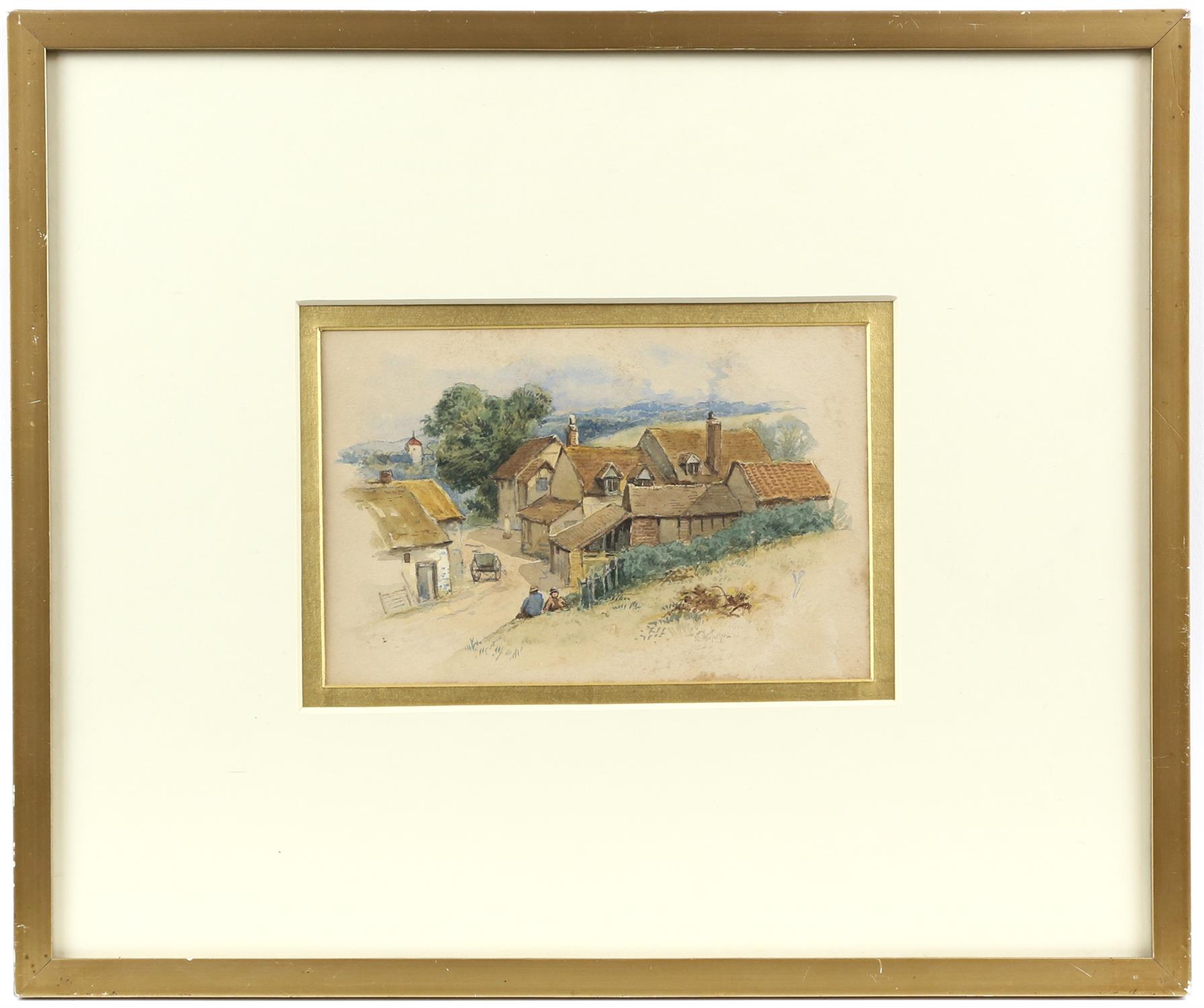19th century, English School, village scene with figures, cart and cottages, indistinctly signed - Image 2 of 3