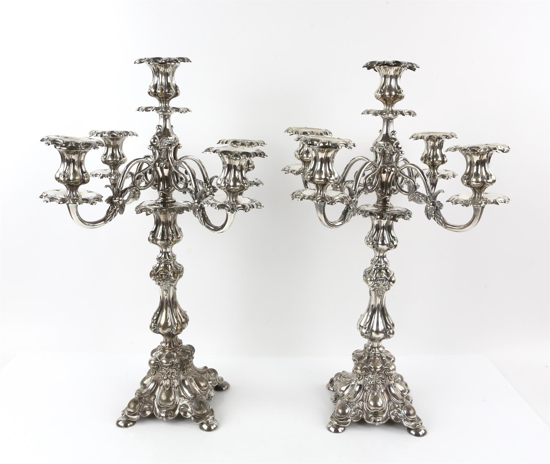 Pair of German silver plated five-light candelabra by Henniger, on waisted columns,