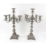 Pair of German silver plated five-light candelabra by Henniger, on waisted columns,