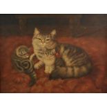 A Davis, 20th century, cat with kittens on a rug, signed and dated 1975, oil on board, 29cm x 39cm,
