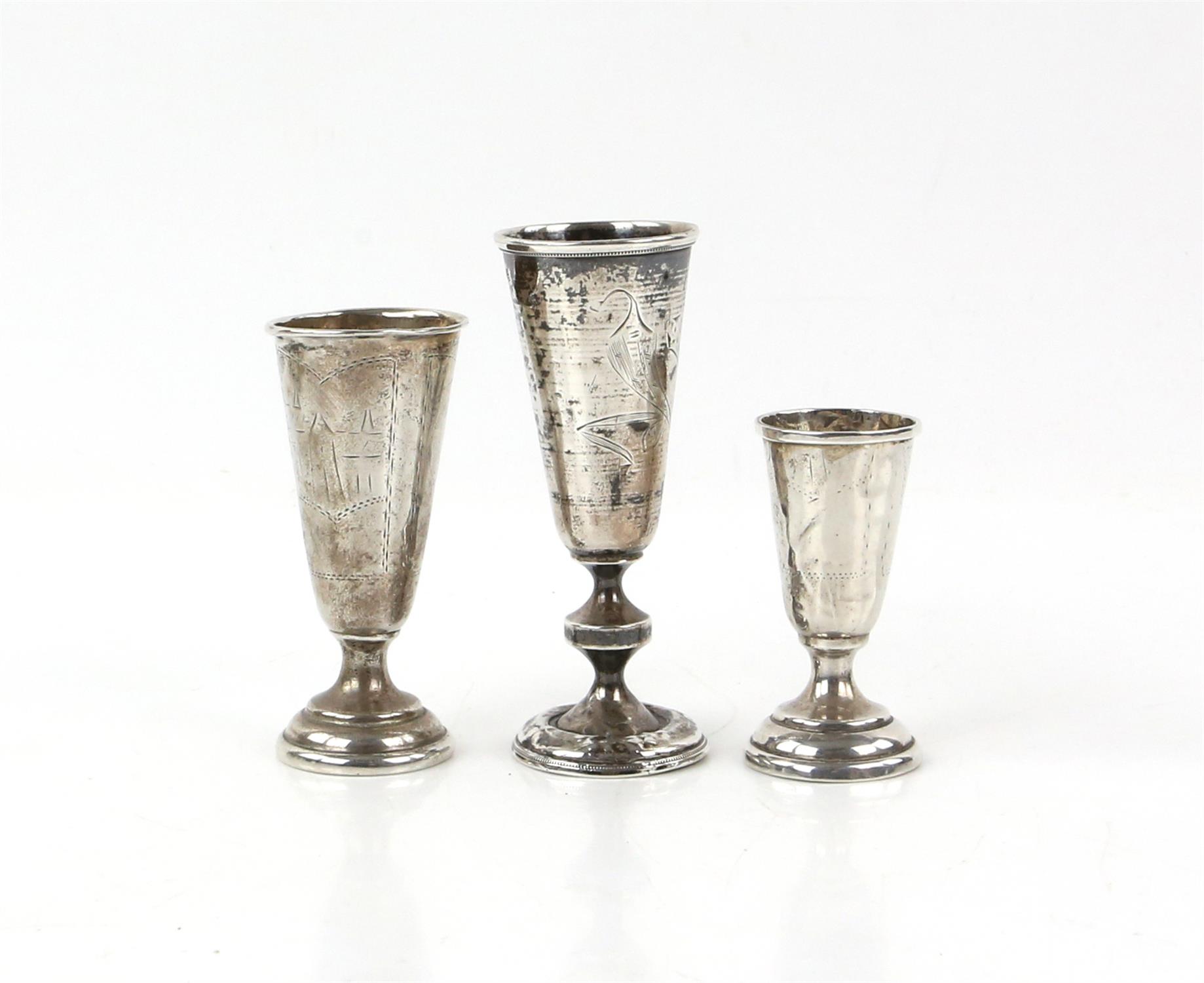 Russian silver tot cup on knopped stem, two smaller cups and six silver napkin rings in avariety of - Image 2 of 10