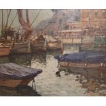 Angelo Romby (Italian, b.1934), boats in a harbour, signed, oil on board, 48.5cm x 58.5cm