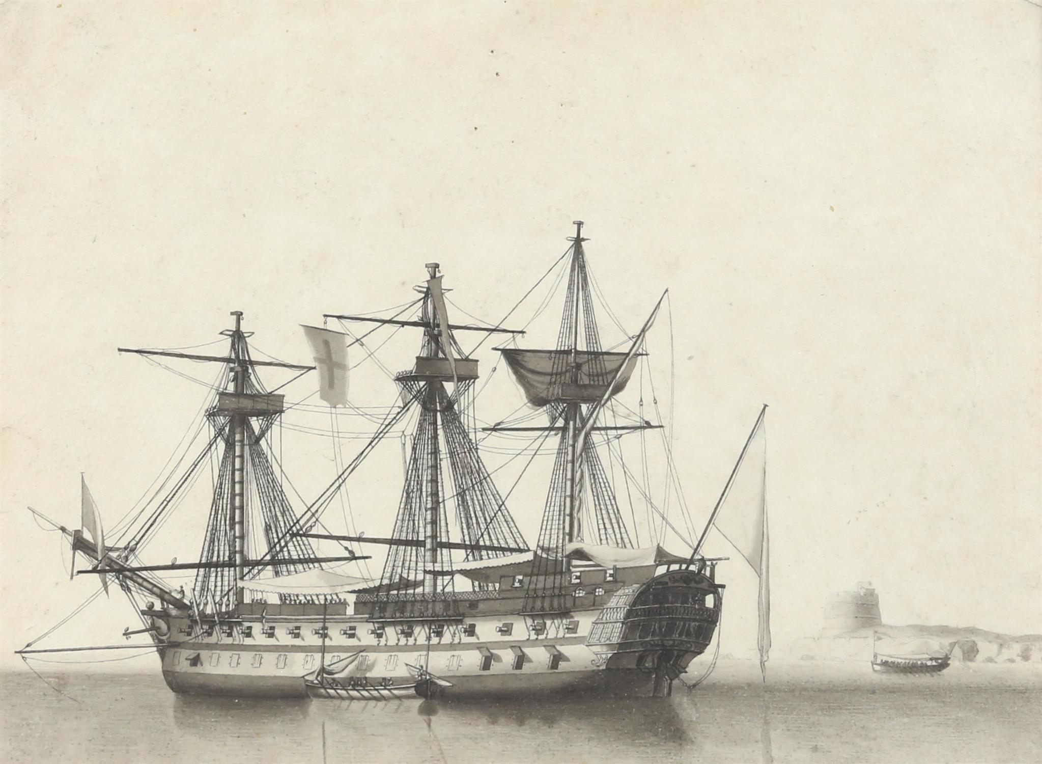 19th century English School, ship at anchor, grey wash, 21.5cm x 29cm, From the property of a