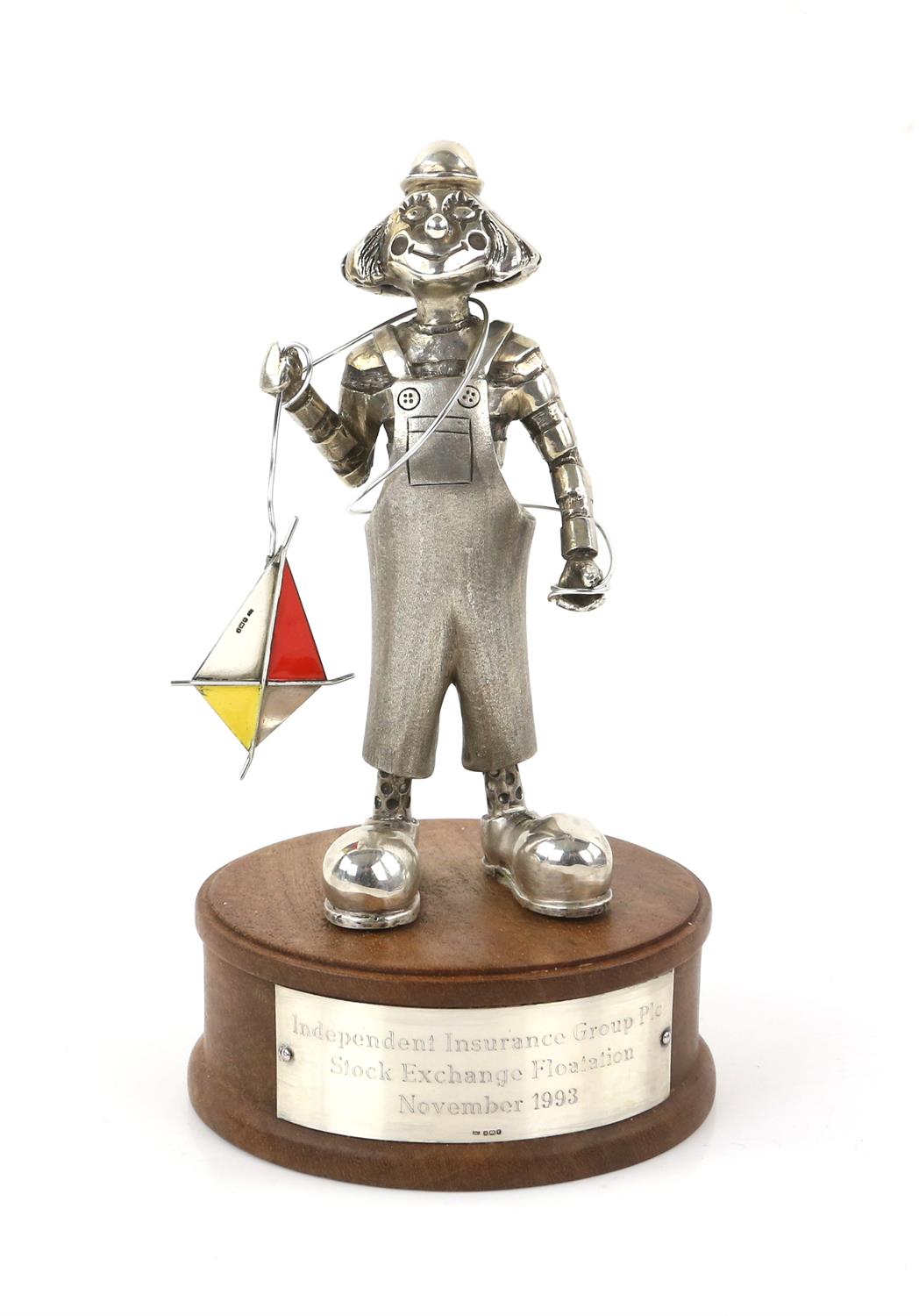 Silver and enamel clown with a kite, by Eaton & Jones, Tenterden, Sheffield 1993 to commemorate the