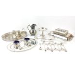 Silver plated entrée dish, tray, stand, sauce boat, pair of open salts, jug, spoons and other items