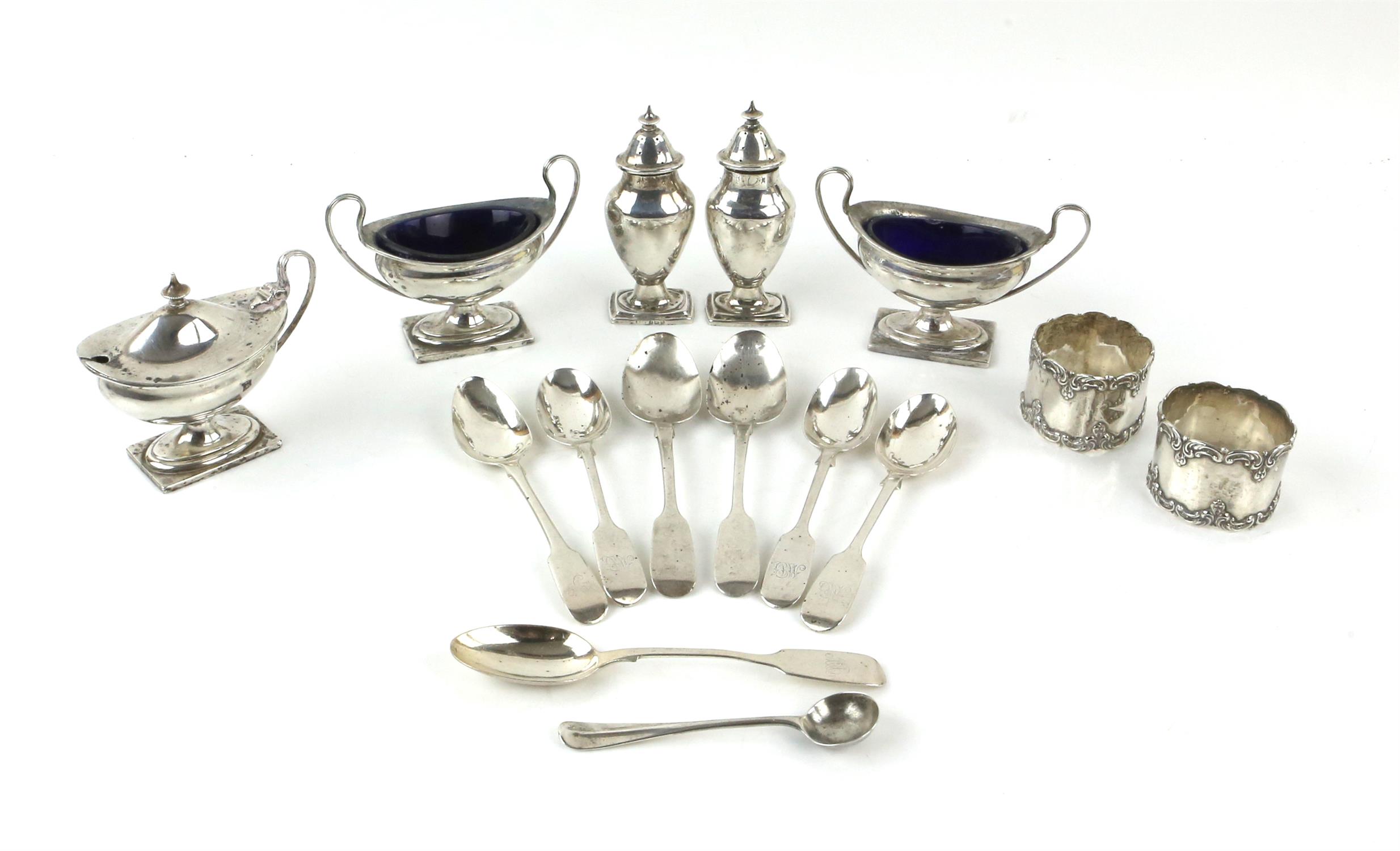 George V silver five piece cruet set, comprising two pepperettes, two salts and a mustard pot and