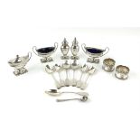 George V silver five piece cruet set, comprising two pepperettes, two salts and a mustard pot and