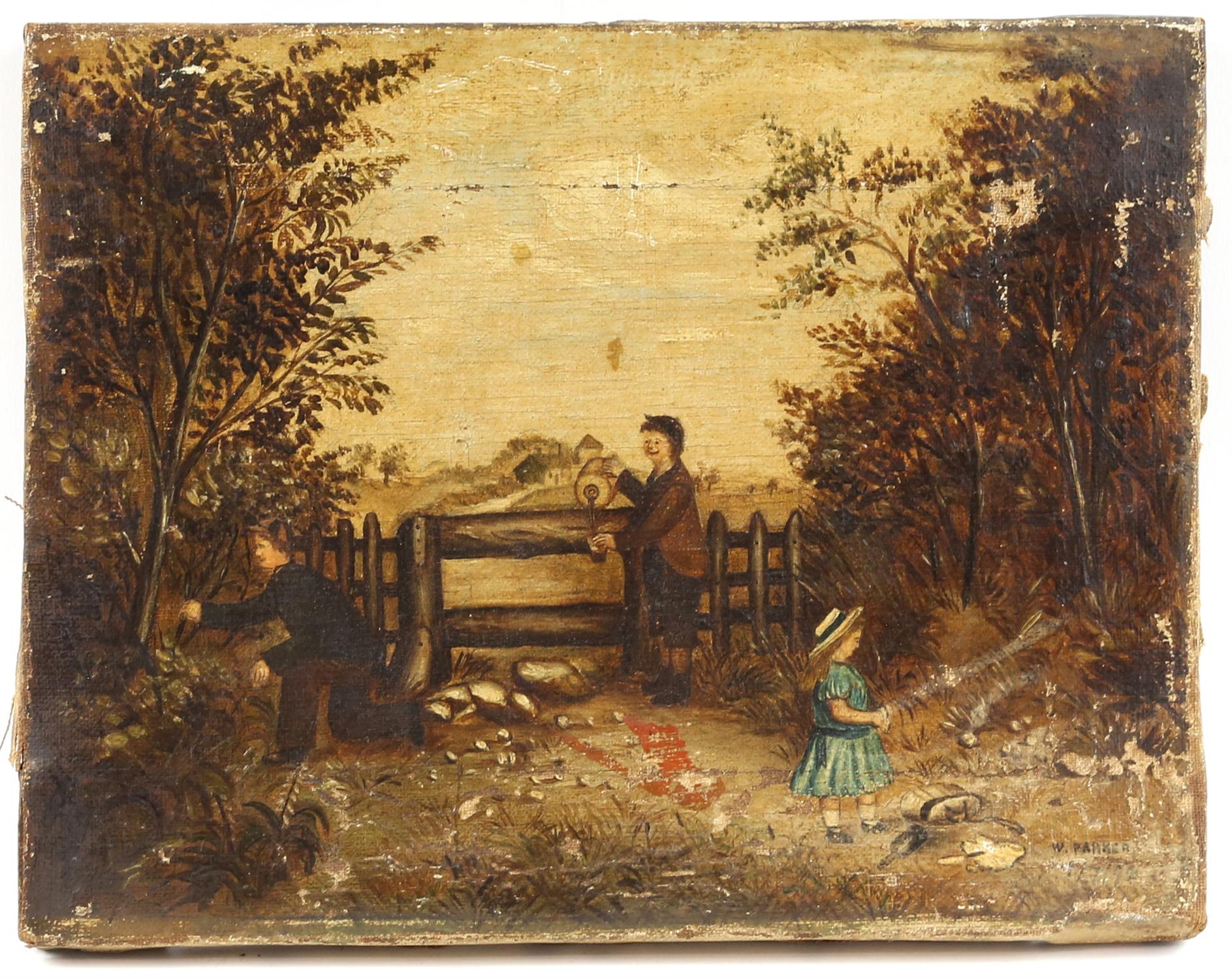 W. Parker (19th century English Naive School / Folk Art).  Family by a Gateway. Oil on canvas,