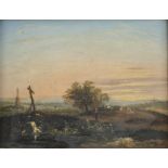 18th century English School. Figure in a landscape with windmills. Oil on mahogany panel.