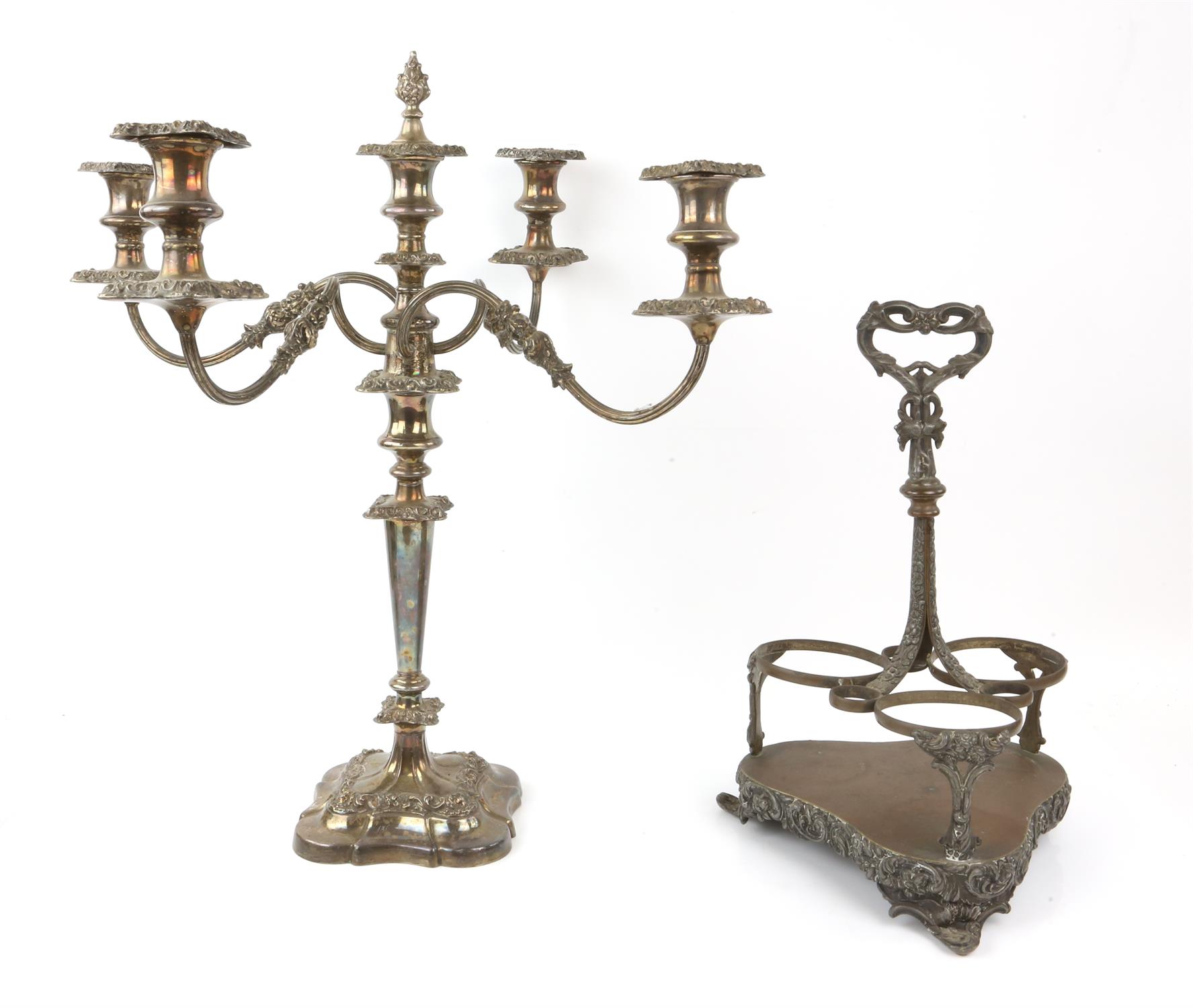 Silver plated five light candelabra, 53cm H. and a three section bottle stand, 38cm