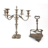 Silver plated five light candelabra, 53cm H. and a three section bottle stand, 38cm