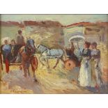 20th century Continental School, scene with figures and horses and carriages, indistinctly signed,