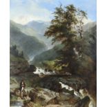 19th century river scene with man fishing. Oil on canvas, signed indistinctly lower right,