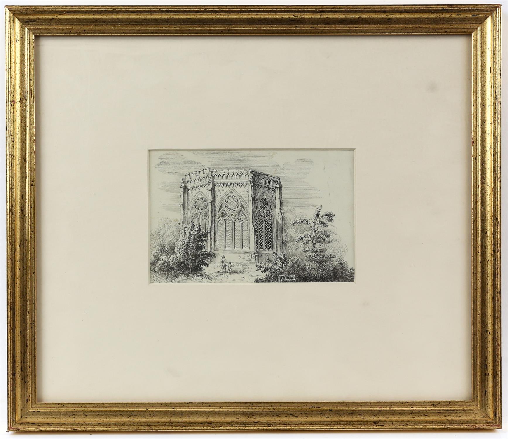 19th century British School, Gothic chapel exterior with figures, pen and ink, 8.5cm x 13.5cm, - Image 2 of 3