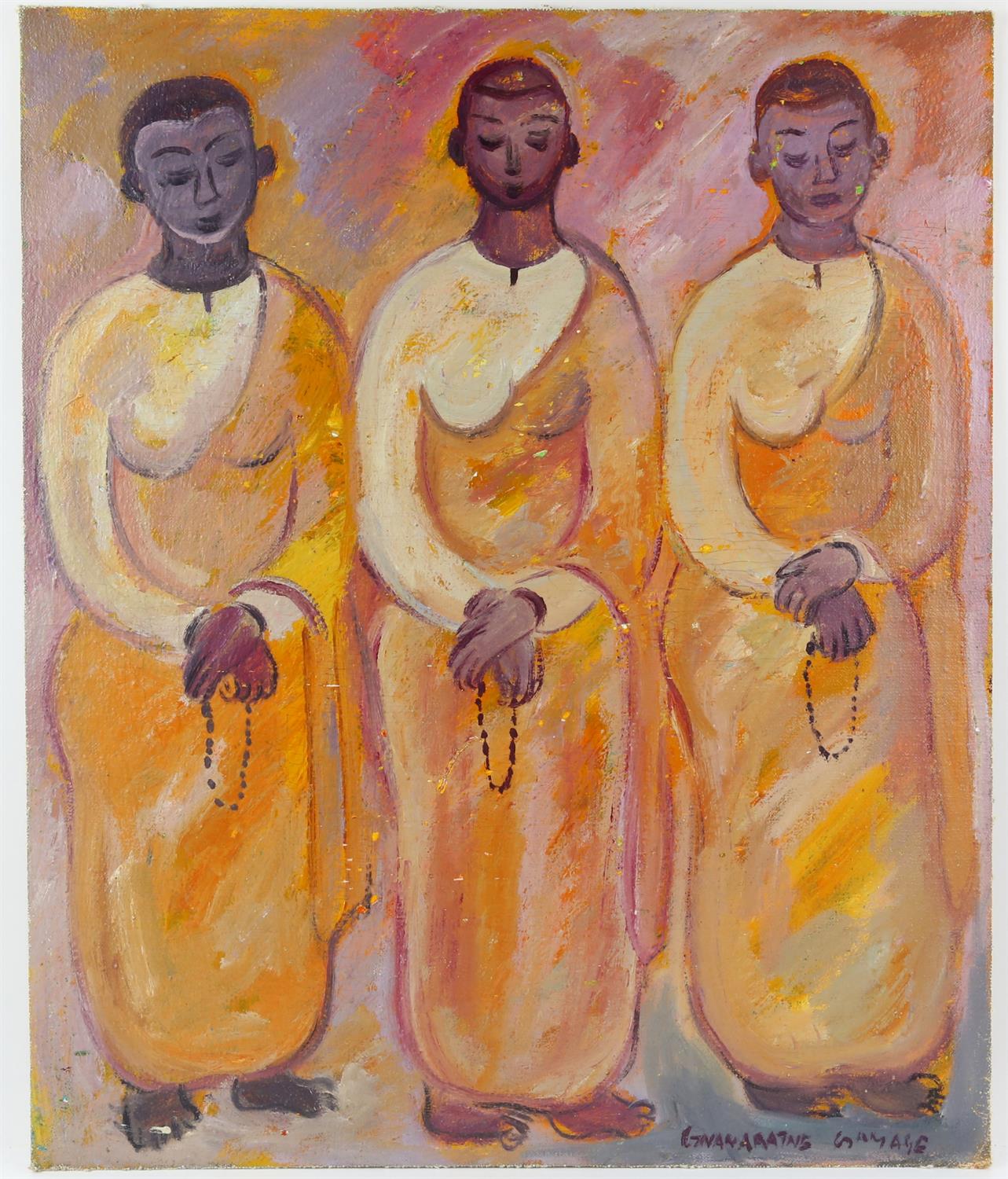 20th century Indian School, three robed standing figures with Mala beads, indisitinctly signed,