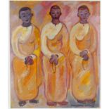 20th century Indian School, three robed standing figures with Mala beads, indisitinctly signed,
