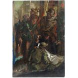 Follower of Frank Brangwyn, 'Skinners Hall', figures in costume, oil sketch on board,