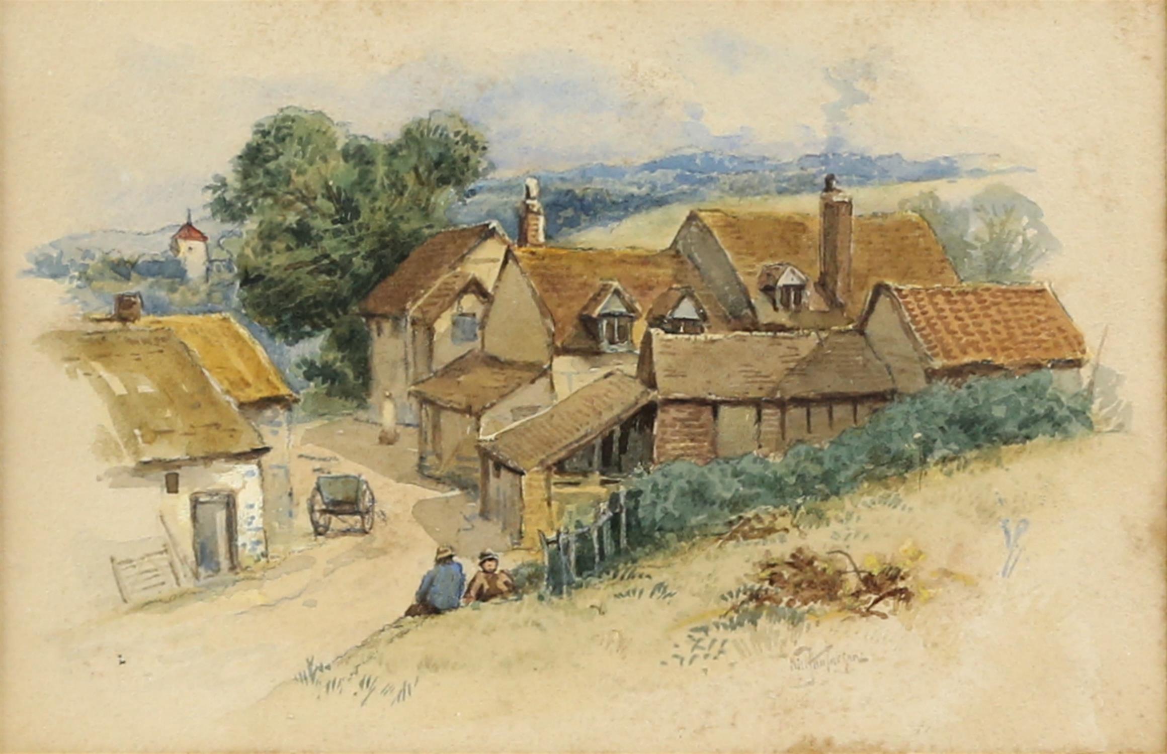 19th century, English School, village scene with figures, cart and cottages, indistinctly signed