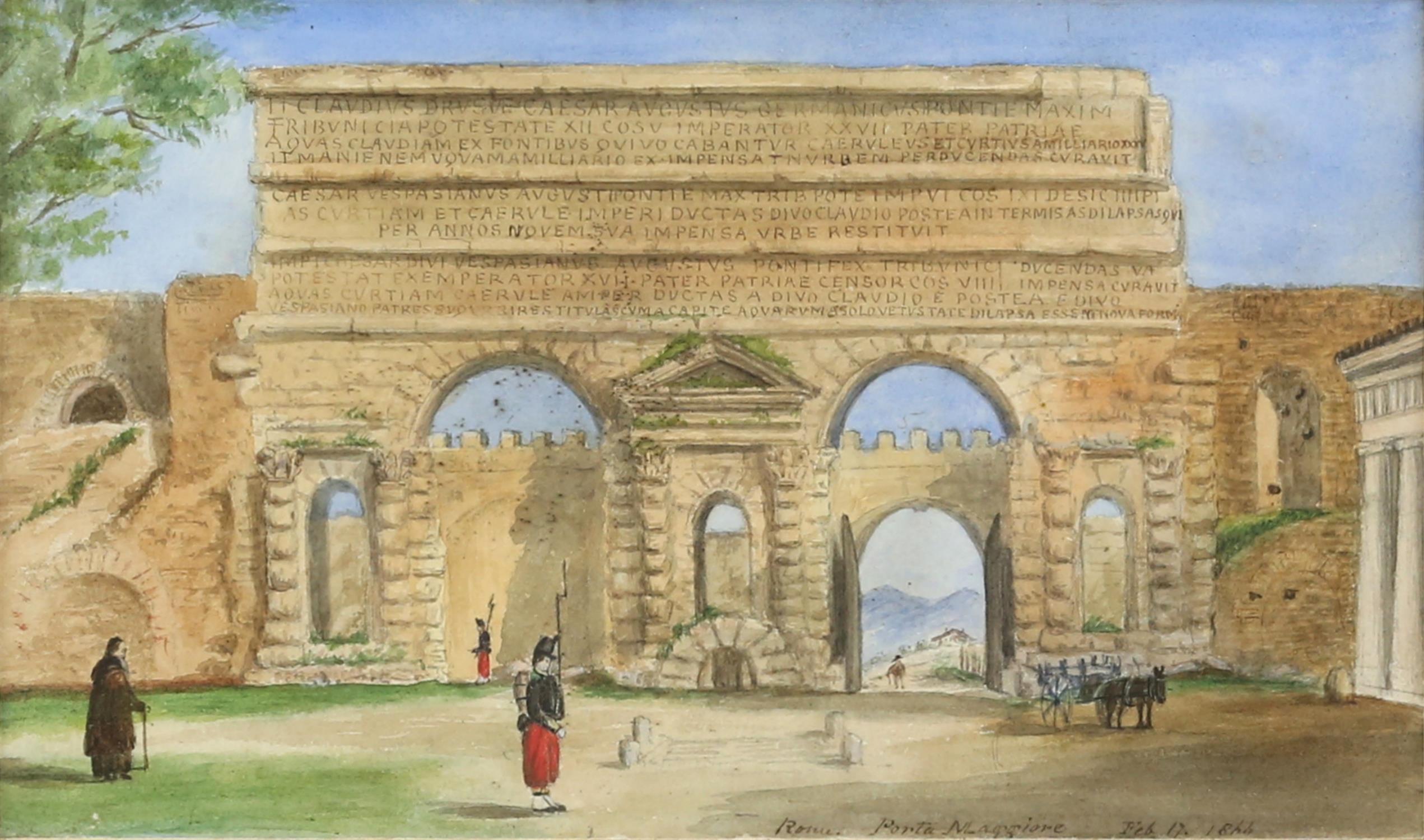 19th century English School, 'Porta Maggiore, Rome, 1866', with figures before the arch,