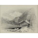 Attributed to John Glover (British, 1767-1849), 'Swiss Chalet', pencil drawing, 8cm x 11cm,