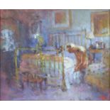 § Mark Rowbotham, British b. 1959, interior scene with lady dressing, signed with initials and