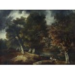 18th century English school. figures in a wooded landscape, oil on canvas, 20cm x 26cm (Cut and