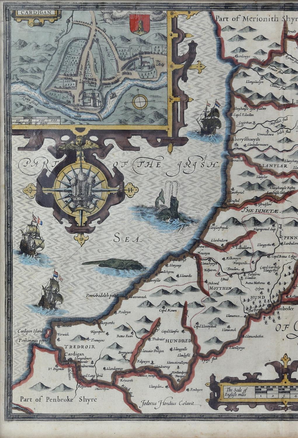 JOHN SPEED Cardiganshire, engraving with inset vignette plan of Cardigan, sea monsters and galleons, - Image 3 of 6