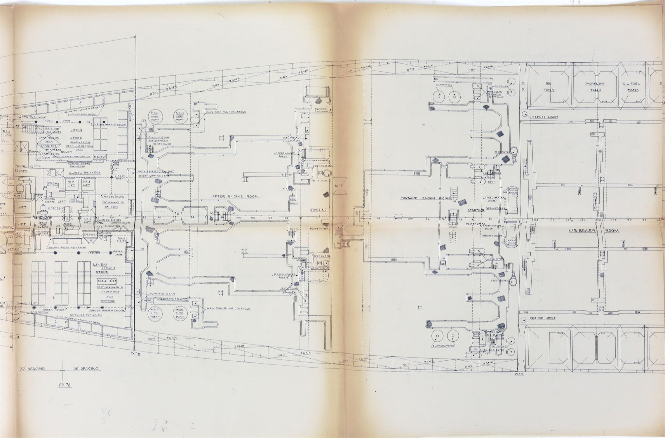 Full set of wartime deck plans for RMS Queen Mary, comprising 14 deck plans, each 2ft x 11ft and a - Image 54 of 80