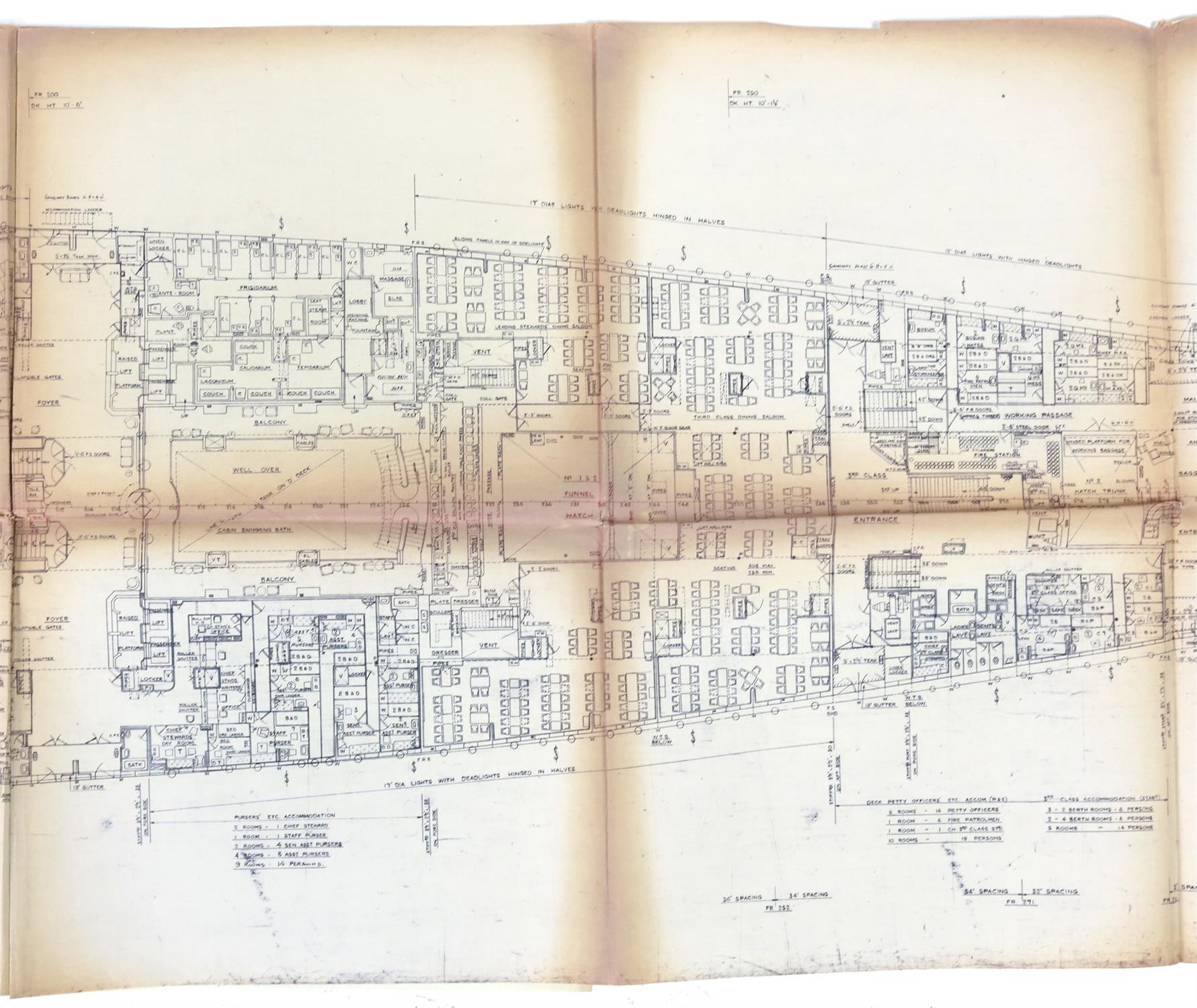 Full set of wartime deck plans for RMS Queen Mary, comprising 14 deck plans, each 2ft x 11ft and a - Image 63 of 80