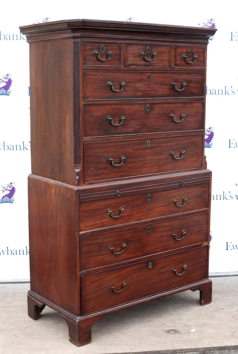 George III mahogany chest on chest, with three short drawers over six long drawers on bracket base, - Image 2 of 4