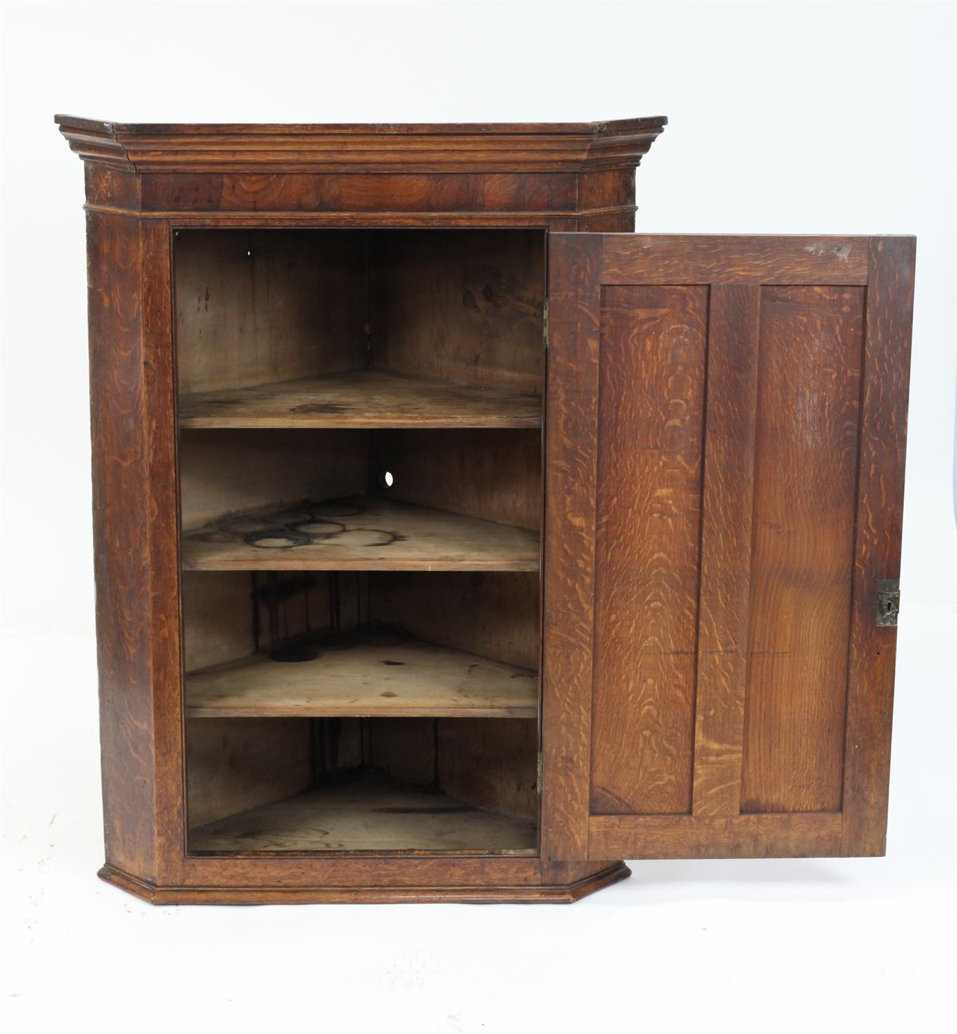 Late 19th oak corner cabinet, with a panelled door revealing shelves, on plinth base, - Image 2 of 3