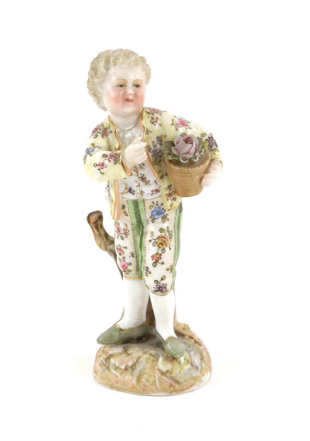 Pair of Volkstedt figures, boy with a flower pot and a girl holding up her apron, 10. - Image 7 of 24