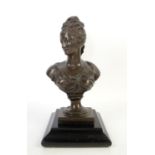 French bronze (head and shoulders) of a lady with tiara on ebonized wooden base, 26cm x 15cm x 10cm