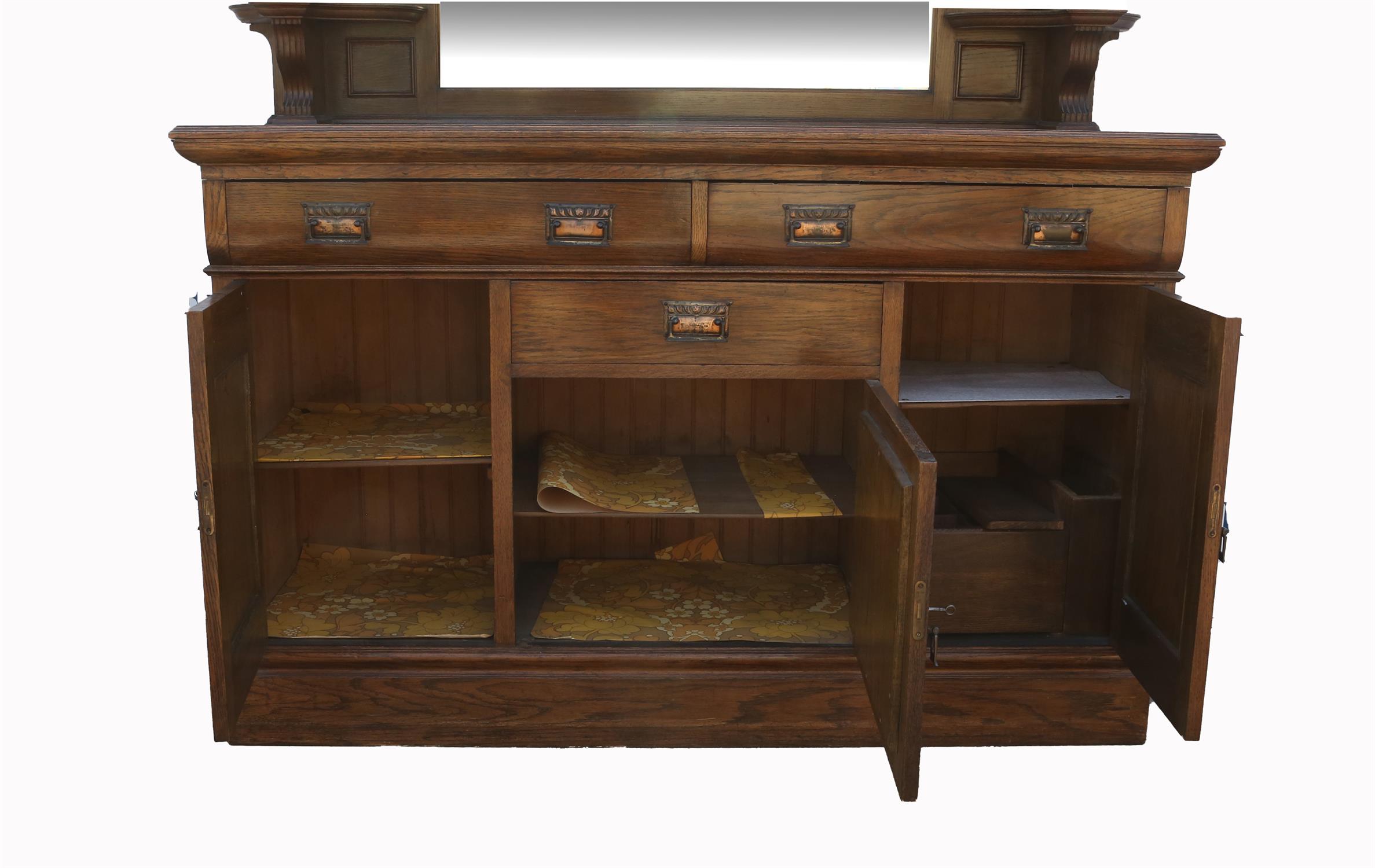 Art Nouveau mirrored back oak sideboard, with bevelled glass plates flanked by floral carved panels - Image 2 of 2