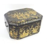 19th century Chinese lacquered box decorated in gold lacquer with figures in a garden setting,