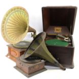 Three old wind-up gramophones two with horns Provenance: from a private collection of musical boxes