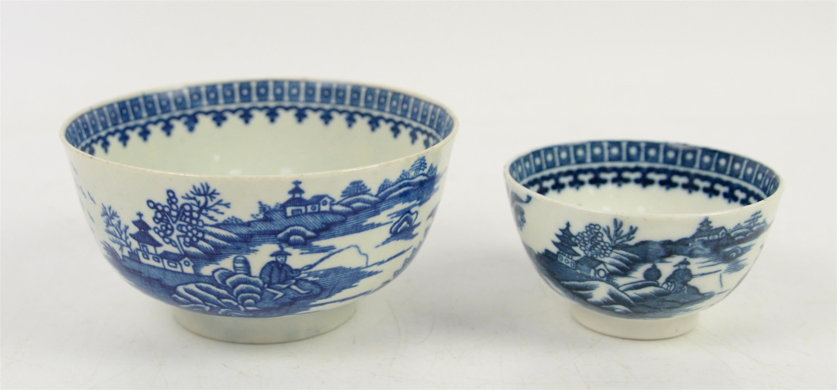18th century Caughley cormorant pattern blue and white teabowl, h4.5cm, and a similar bowl, h6.5cm