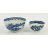 18th century Caughley cormorant pattern blue and white teabowl, h4.5cm, and a similar bowl, h6.5cm