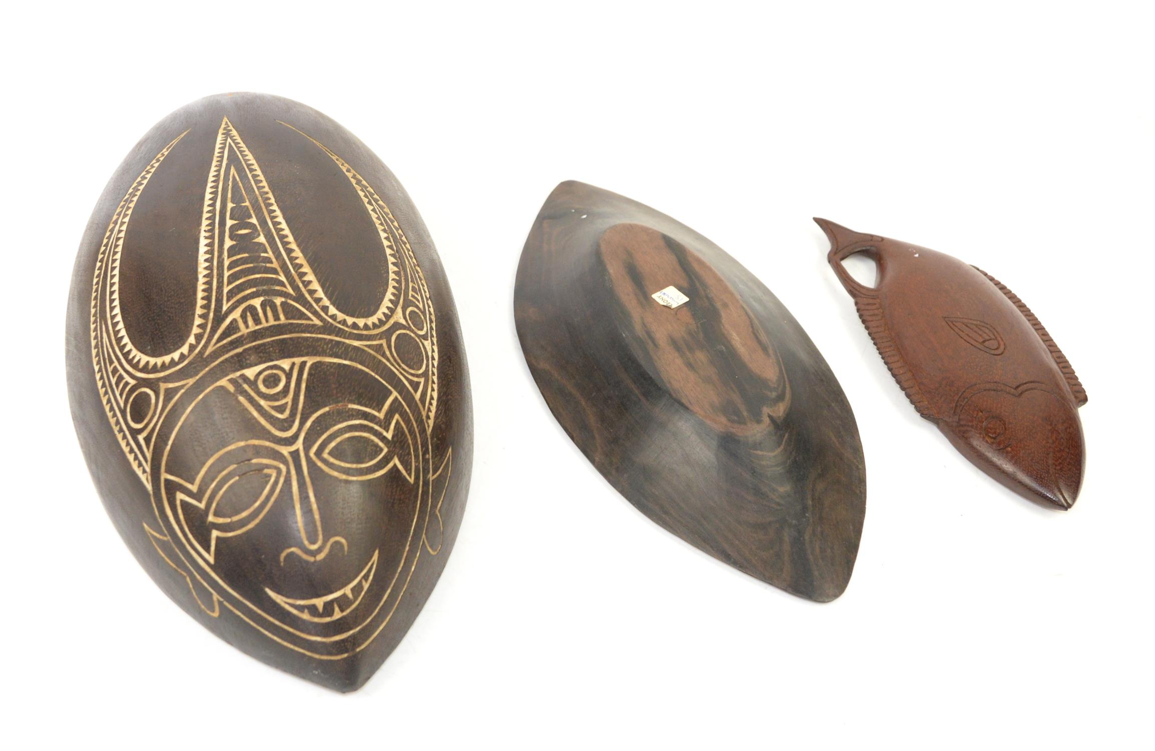 Three Papua New Guinea bowls, to include a Trobriand Islands hardwood bowl in the form of a fish, - Image 2 of 2
