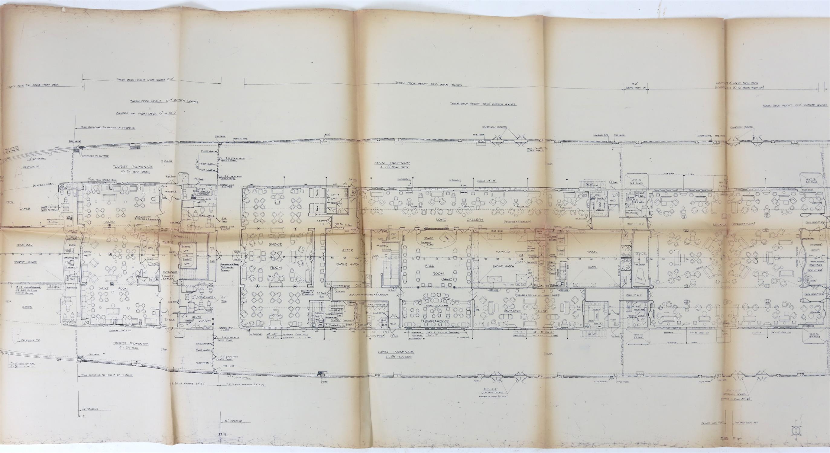 Full set of wartime deck plans for RMS Queen Mary, comprising 14 deck plans, each 2ft x 11ft and a - Image 48 of 80