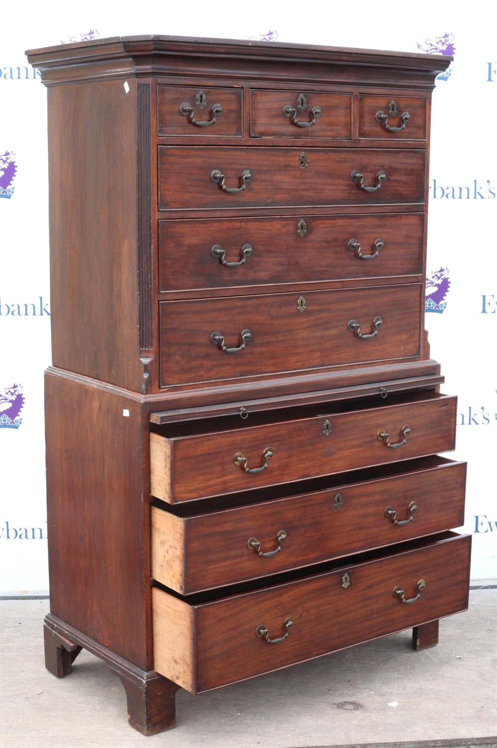 George III mahogany chest on chest, with three short drawers over six long drawers on bracket base, - Image 4 of 4