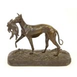 Bronze figure of a greyhound with hare on naturalistic base, 21cm W x 11cm D 16cm H