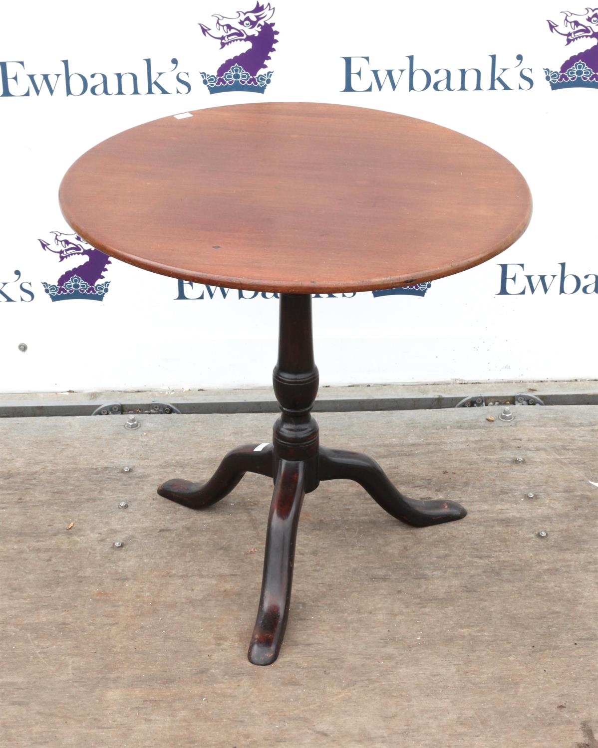 19th century mahogany tilt top table, on turned column and tripod base, H64cm Diameter 68.5cm