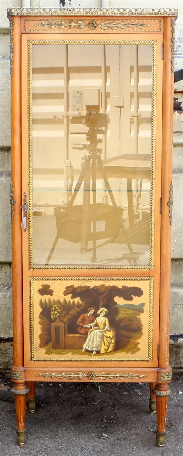 Metal mounted beech wood vitrine, the glazed door with painted panel of two lovers in a garden