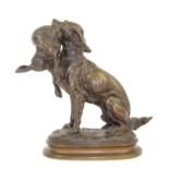 After Paul Edouard Delabrierre, bronze figure group of a hunting dog with hare in its mouth,