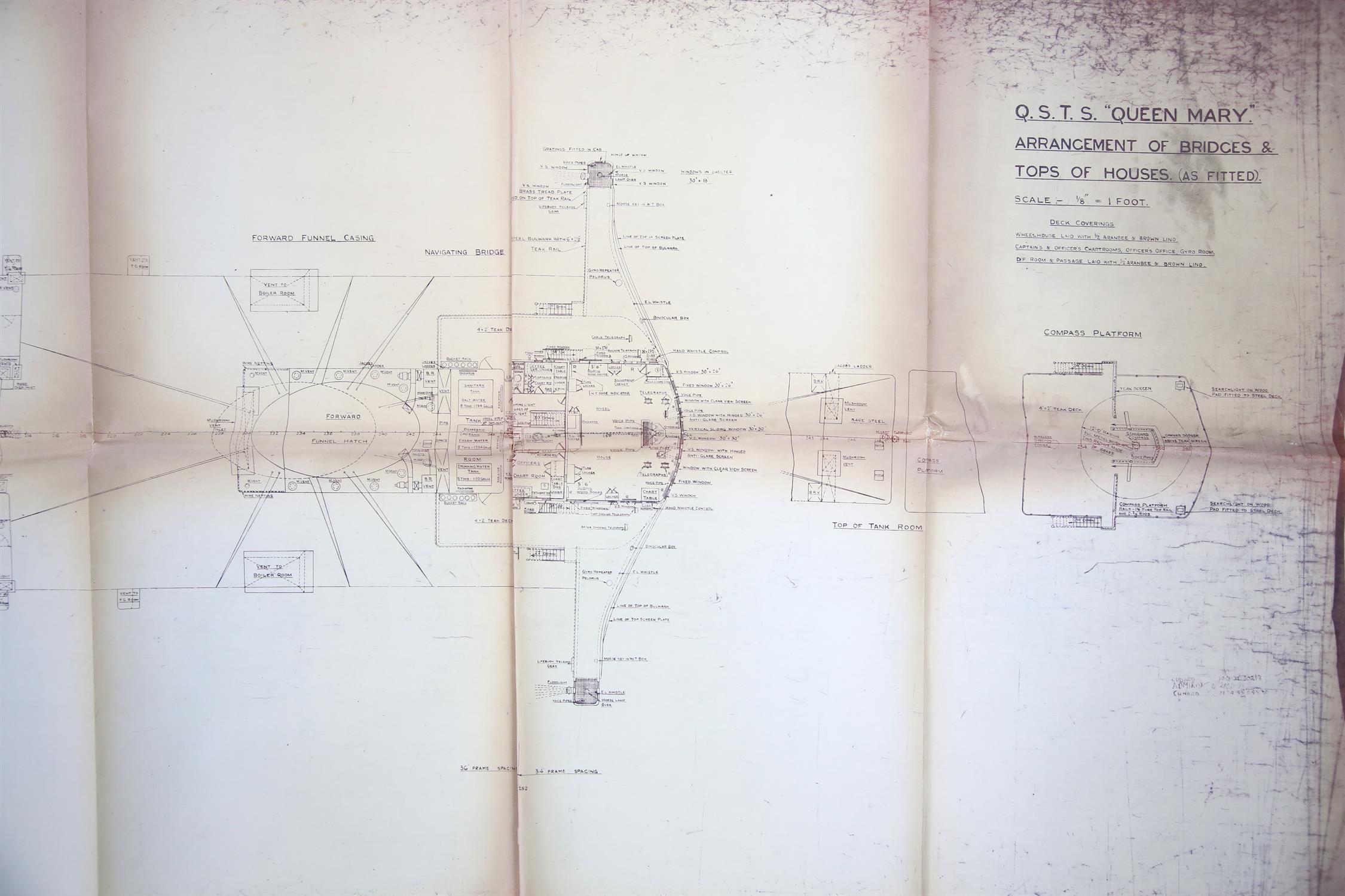 Full set of wartime deck plans for RMS Queen Mary, comprising 14 deck plans, each 2ft x 11ft and a