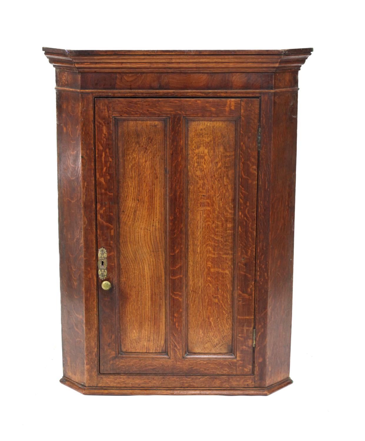 Late 19th oak corner cabinet, with a panelled door revealing shelves, on plinth base,