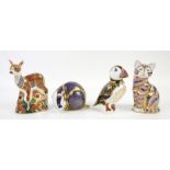 Royal Crown Derby paperweights to include Fawn h13.5cm, Puffin h12cm, a cat and a badger (4)