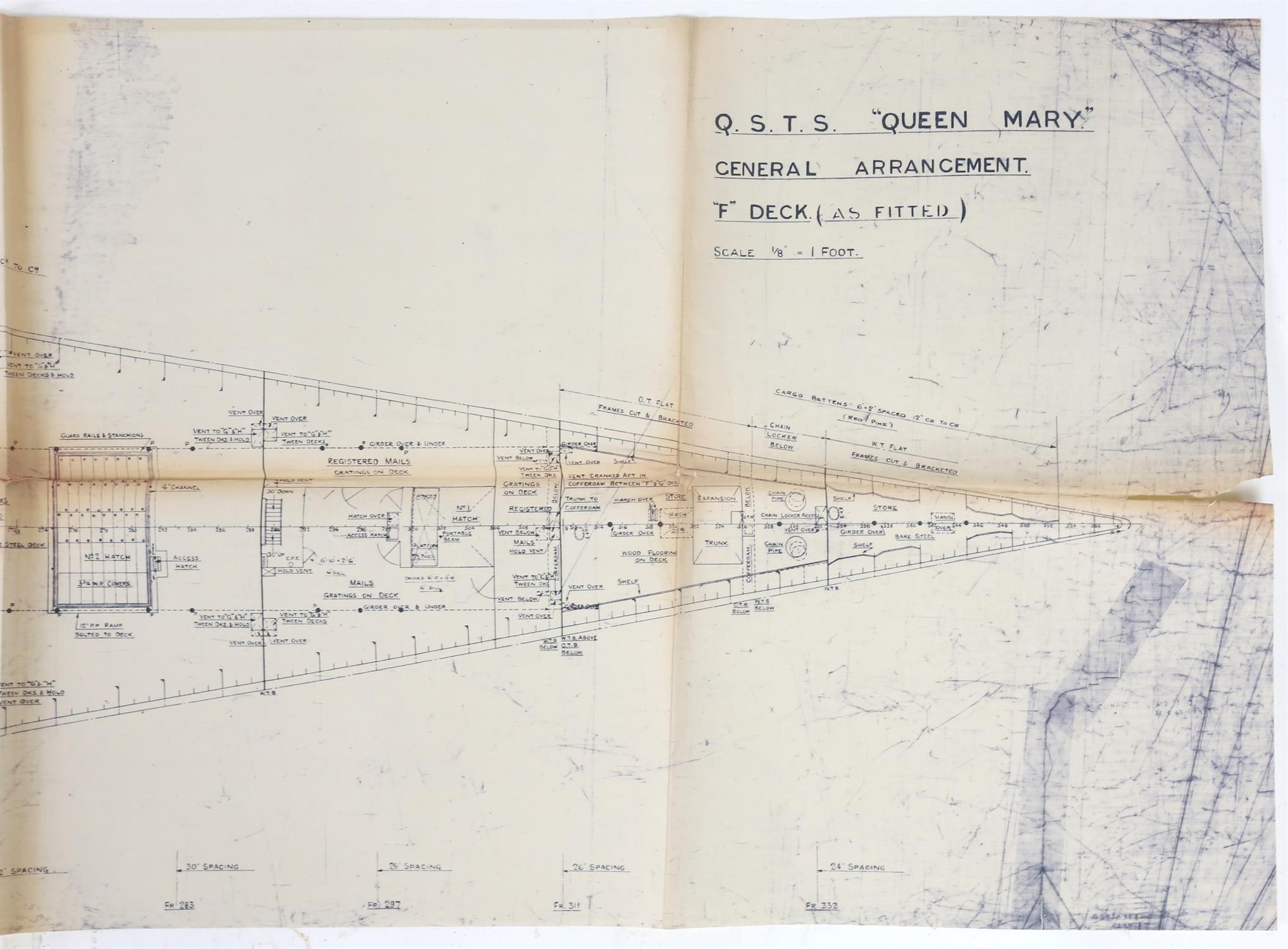 Full set of wartime deck plans for RMS Queen Mary, comprising 14 deck plans, each 2ft x 11ft and a - Image 74 of 80